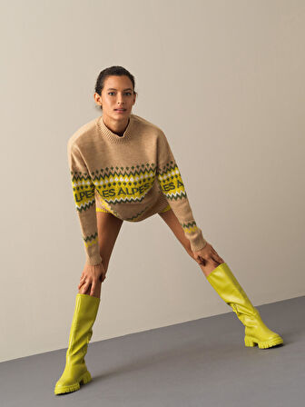 Xint Bej Regular Fit Desenli Kazak