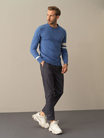 Xint Mavi Regular Fit Çizgi Detaylı Kazak