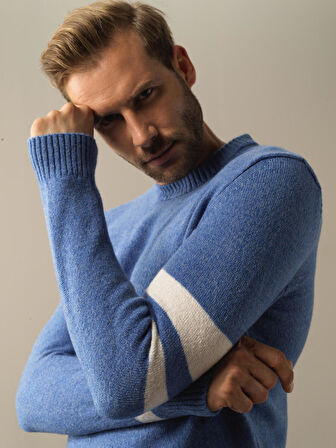 Xint Mavi Regular Fit Çizgi Detaylı Kazak