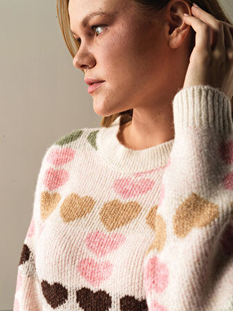 Xint Ekru Oversize Desenli Kazak