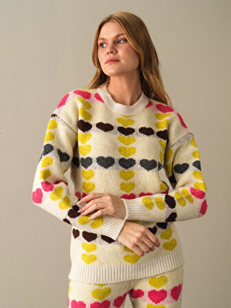 Xint Sarı Oversize Desenli Kazak