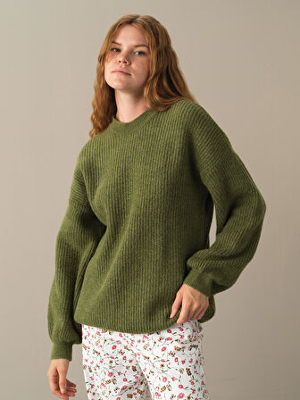 Xint Yeşil Bisiklet Yaka Oversize Kazak