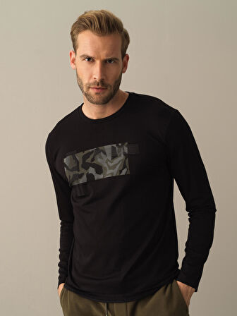 Xint Siyah Slim Fit Baskılı Modal Tişört
