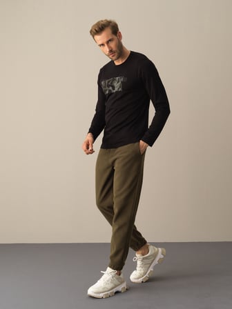 Xint Siyah Slim Fit Baskılı Modal Tişört