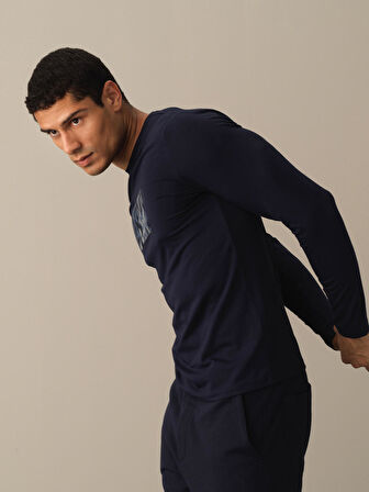 Xint Lacivert Slim Fit Baskılı Modal Tişört