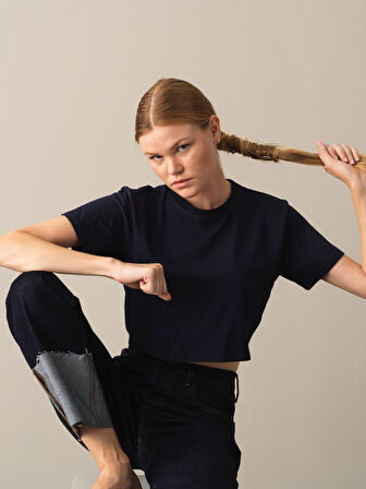 Xint Lacivert Regular Fit Modal Basic Crop