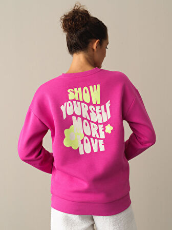 Xint Fuşya Oversize Baskılı Sweatshirt