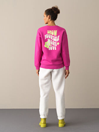 Xint Fuşya Oversize Baskılı Sweatshirt