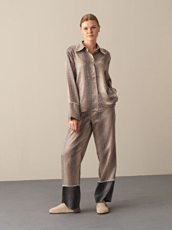 Xint Bej Desenli Saten Pantolon