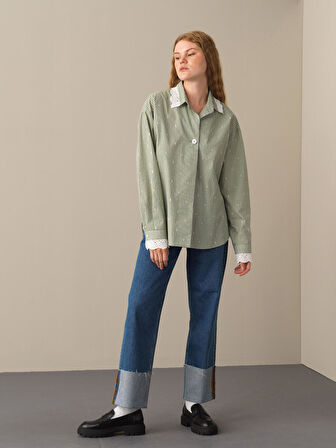 Xint Yeşil Oversize Çizgili Gömlek