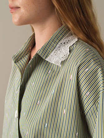 Xint Yeşil Oversize Çizgili Gömlek