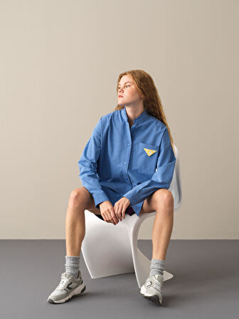 Xint Mavi Hakim Yaka Oversize Gömlek