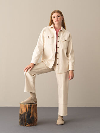 Xint Ekru Oversize Cepli Gömlek Ceket