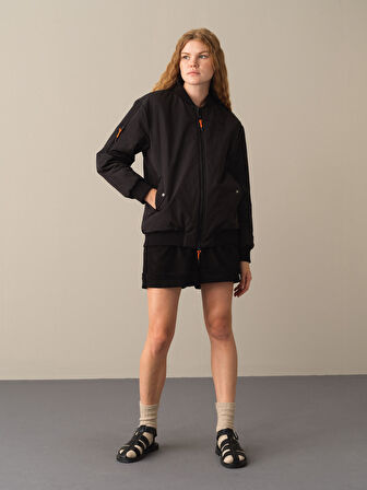 Xint Siyah Fermuarlı Oversize Bomber Ceket