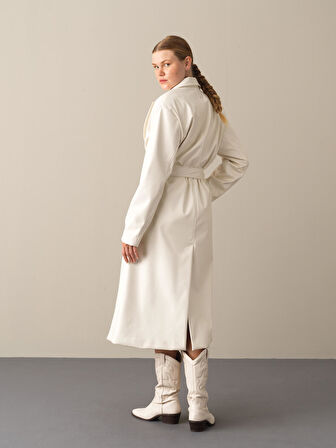 Xint Ekru Esnek Dokulu Oversize Deri Görünümlü Trençkot