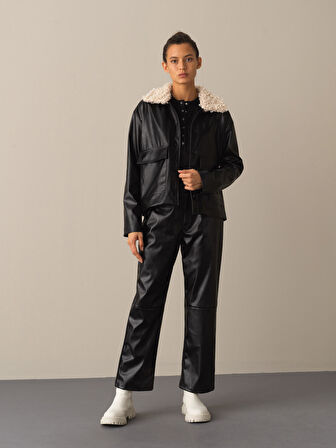 Xint Siyah Deri Görünümlü Oversize Ceket