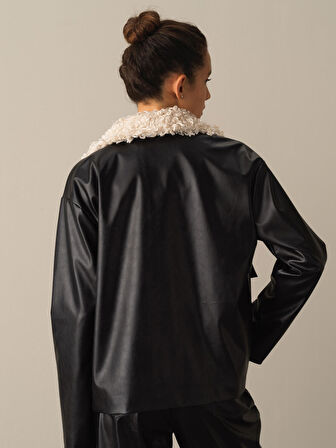 Xint Siyah Deri Görünümlü Oversize Ceket