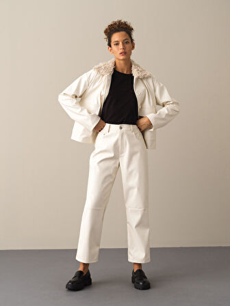 Xint Ekru Deri Görünümlü Oversize Ceket