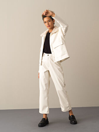 Xint Ekru Deri Görünümlü Oversize Ceket