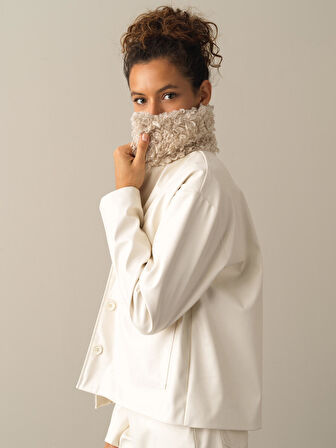 Xint Ekru Deri Görünümlü Oversize Ceket