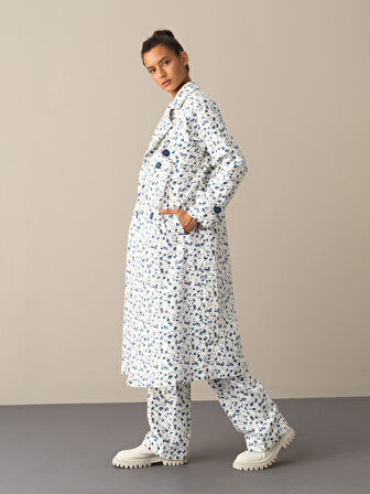 Xint Mavi Pamuk Dokulu Pamuklu Oversize Trençkot