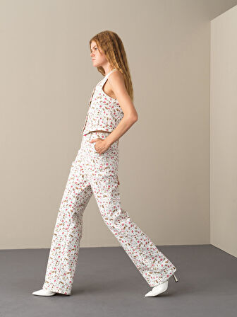 Xint Pembe Pamuklu Oversize Desenli Pantolon