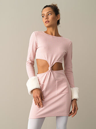 Xint Pembe Slim Fit Ekose Mini Elbise