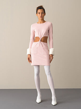 Xint Pembe Slim Fit Ekose Mini Elbise