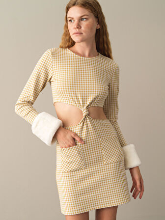 Xint Sarı Slim Fit Ekose Mini Elbise