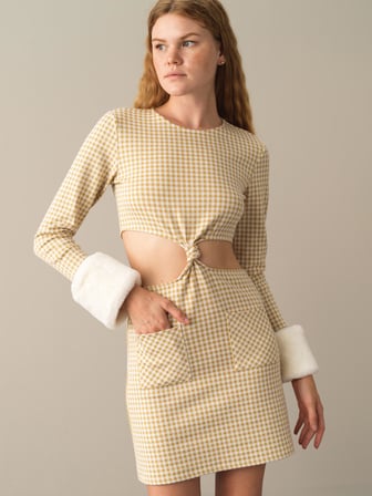 Xint Sarı Slim Fit Ekose Mini Elbise