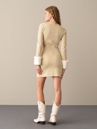 Xint Sarı Slim Fit Ekose Mini Elbise