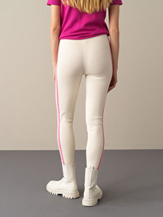 Xint Ekru Esnek Dokulu Yüksek Bel Slim Fit Triko Tayt