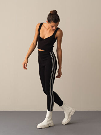 Xint Siyah Esnek Dokulu Yüksek Bel Slim Fit Triko Tayt