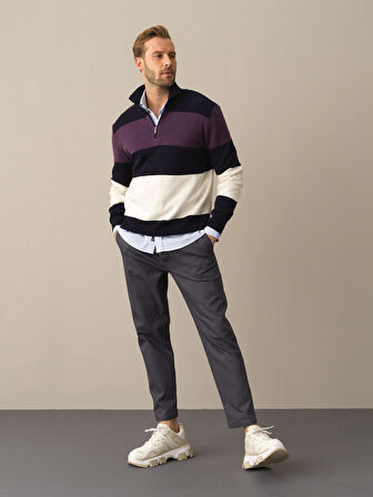 Xint Lacivert Regular Fit Çizgili Kazak