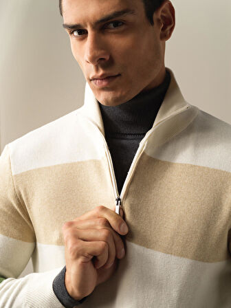 Xint Ekru Regular Fit Çizgili Kazak