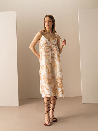 Gold Rengi Regular Fit Keten Elbise