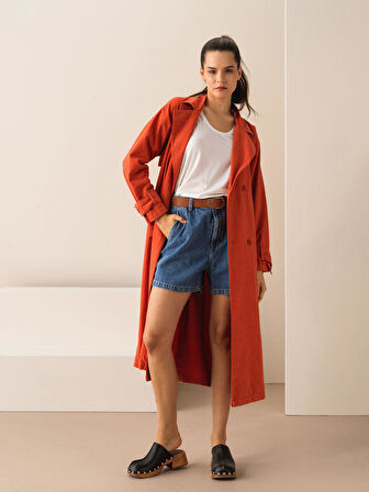 Kiremit Rengi Oversize Keten Trençkot