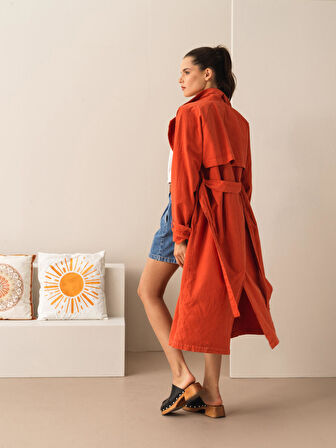 Kiremit Rengi Oversize Keten Trençkot