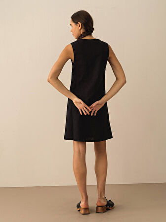 Siyah Regular Fit Keten Elbise