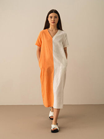 Turuncu Regular Fit Keten Elbise