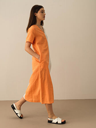 Turuncu Regular Fit Keten Elbise