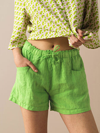 Yeşil Regular Fit Keten Şort