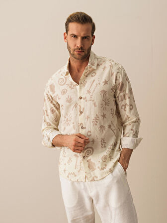 Taş Rengi Regular Fit Keten Gömlek
