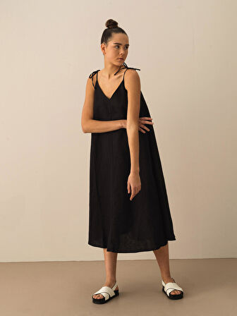 Siyah Oversize Keten Elbise