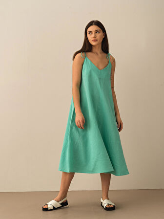 Turkuaz Oversize Keten Elbise