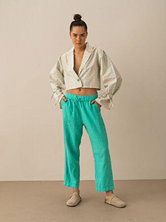 Turkuaz Regular Fit Keten Pantolon