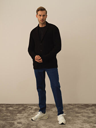 Xint Siyah Doğal Yün Dokulu Regular Fit Triko Ceket