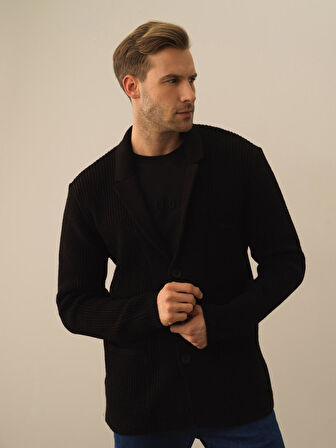 Xint Siyah Doğal Yün Dokulu Regular Fit Triko Ceket
