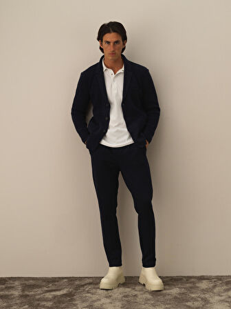 Xint Lacivert Doğal Yün Dokulu Regular Fit Triko Ceket