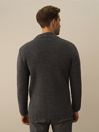 Xint Koyu Gri Dokulu Doğal Yün Dokulu Regular Fit Triko Ceket